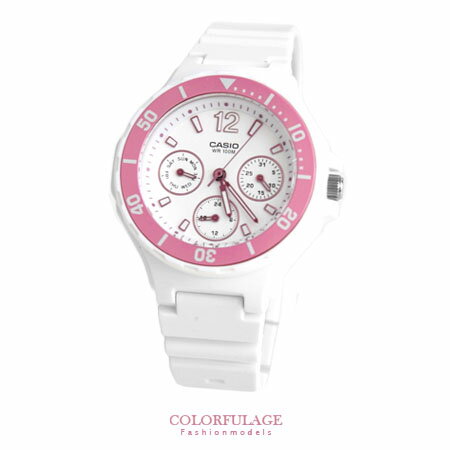 CASIO卡西歐 粉嫩春漾 粉白真三眼設計手錶 甜心女孩腕錶 有保固 柒彩年代【NE1279】原廠公司貨
