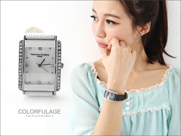 范倫鐵諾Valentino手錶 經典方形水鑽真皮腕錶 氣質女孩名媛 柒彩年代【NE211】原廠公司貨