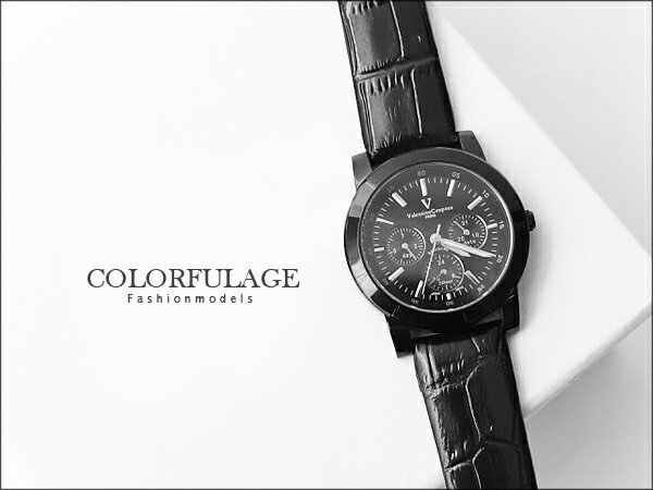 范倫鐵諾Valentino 全黑真三眼設計皮革手錶 藍寶石水晶 原廠公司貨 柒彩年代【NE846】單支