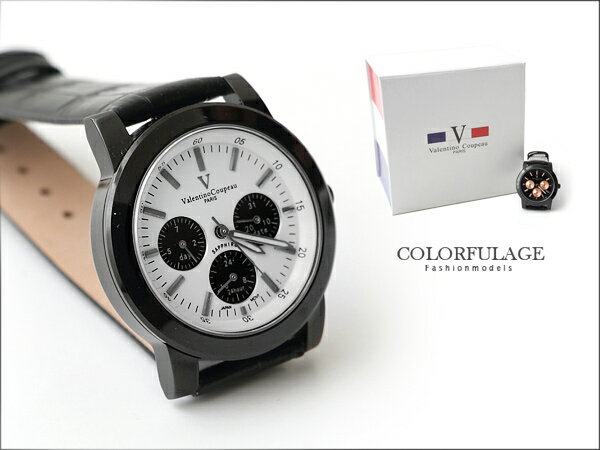 范倫鐵諾Valentino 全黑真三眼設計皮革手錶 藍寶石水晶 原廠公司貨 柒彩年代【NE846】單支