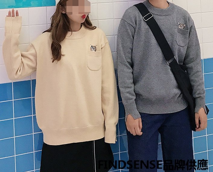 FINDSENSE品牌 秋冬款 新款 日本 男女高品質 純色 清新 精緻刺繡 百搭毛衣 情侶針織衫 潮流上衣