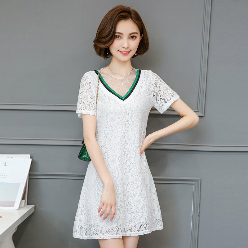 FINDSENSE G5 韓國時尚 蕾絲 夏裝 女裝 寬鬆 中長款 短袖 裙子 雪紡 連身裙