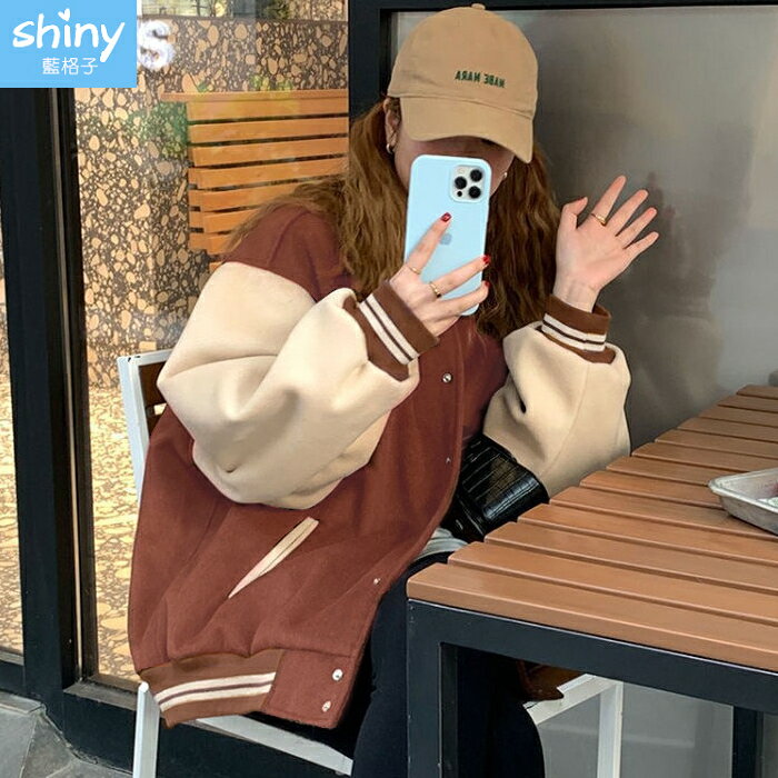 美式復古．素面撞色內刷毛棒球服長袖外套-shiny藍格子【V3925】