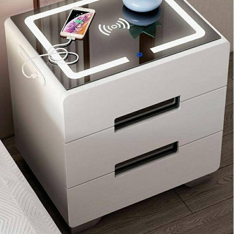 網紅 智慧床頭櫃 無線充電 多功能 白色 烤漆 床頭櫃北歐 現代 大容量 迷你小床頭櫃 床邊櫃