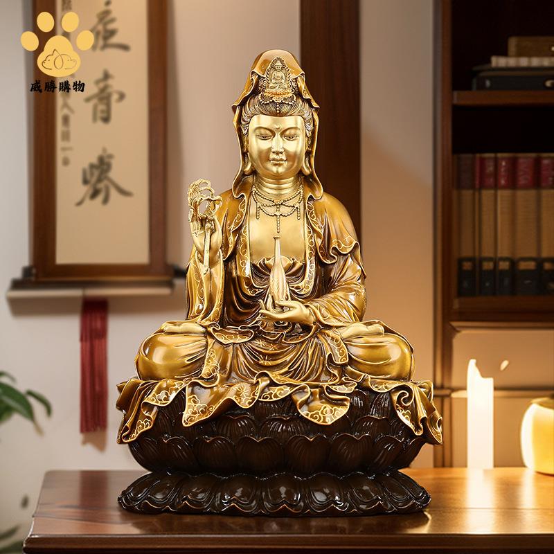 黃銅 坐蓮觀音佛像家居室內供奉觀世音菩薩擺件工藝品佛像【W1118】