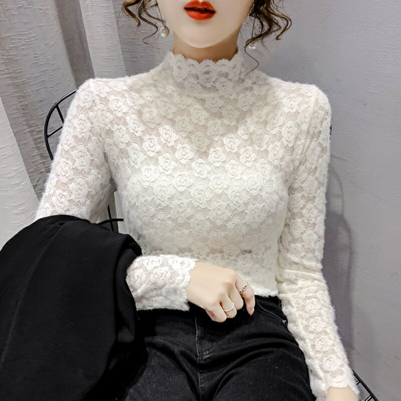 磨毛蕾絲打底衫女2024秋冬新款鏤空高檔洋氣內搭小衫長袖網紗上衣【淘夢屋】