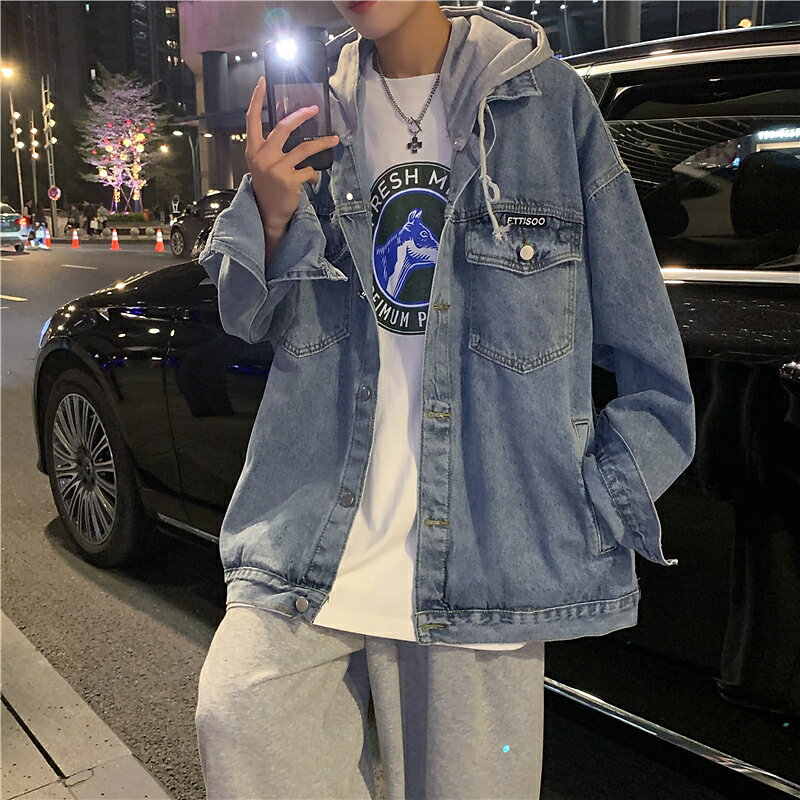 牛仔外套男秋季男士連帽夾克2021新款韓版潮牌衛衣純色痞帥上衣服