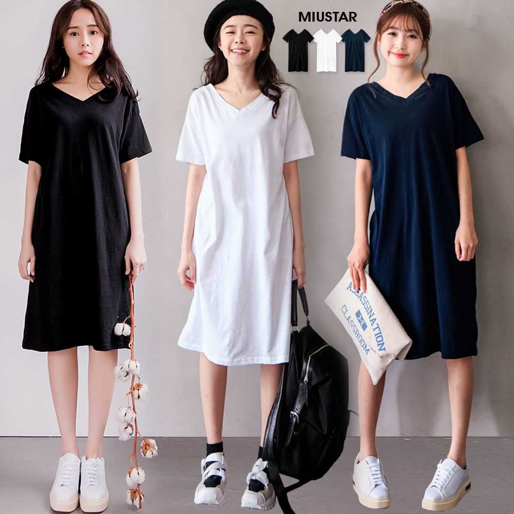 ★限時下殺$254★MIUSTAR 正韓-清新好感洗滌雙V竹節棉洋裝(共3色)0125 預購【NL0179RE】