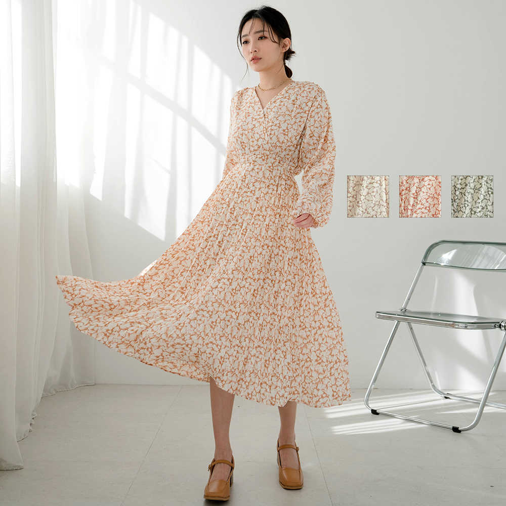 ★MIUSTAR V領交疊印花抽繩雪紡百褶洋裝(共3色)0315 【NL0748】