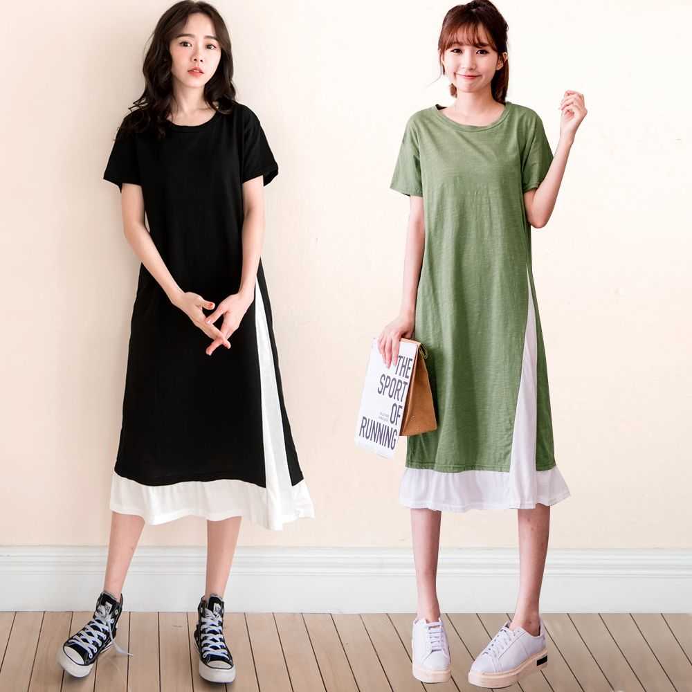 ★限時下殺$297★MIUSTAR 正韓-假兩件視覺顯瘦側剪接配色竹節棉洋裝(共2色)0503 預購【NL1424RE】