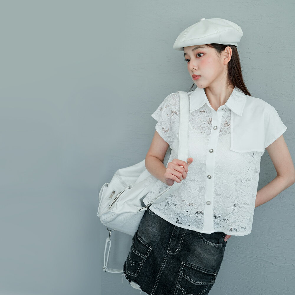 ★限時下殺$599★MIUSTAR落肩透膚花蕾絲珍珠釦拼接雪紡襯衫(共2色)0603預購【NR1318】