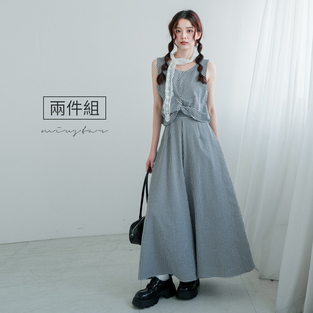 ★限時下殺$699★MIUSTAR套裝！小方格無袖下扭結背心+後腰鬆緊口袋寬褲(共2色)0729預購【NR1505】