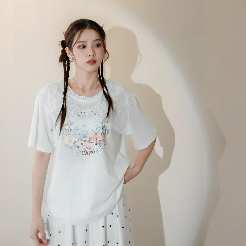 ★限時下殺$499★MIUSTAR蕾絲針織領油畫圖案拼接上衣(共2色)0708預購【NR1541】