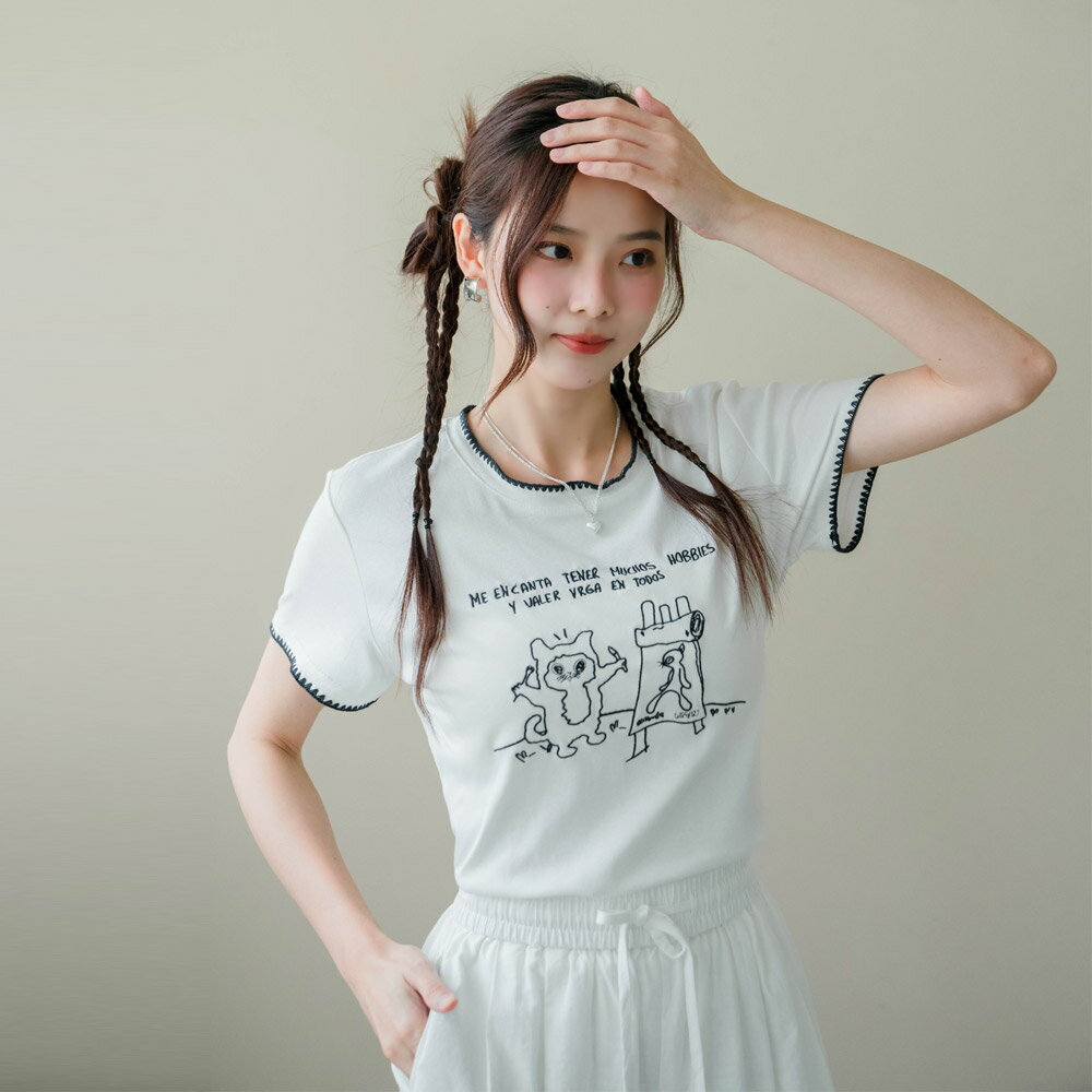 ★限時下殺$499★MIUSTAR韓系外星貓咪刺繡花邊撞色棉質上衣(共2色)0708預購【NR1545】