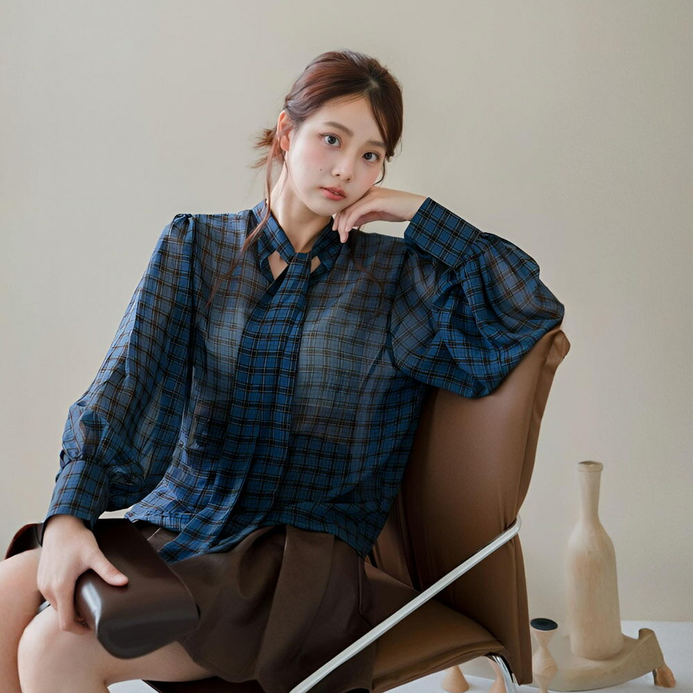 ★限時下殺$699★MIUSTAR立領前綁帶配色格紋透膚雪紡襯衫(共2色)0902預購【NR1862】