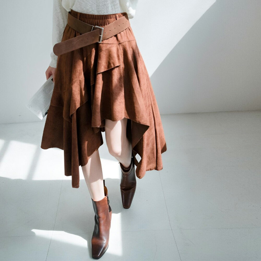 ★限時下殺$590★MIUSTAR腰鬆緊麂皮絨不規則下擺內襯褲長裙(共1色)0916預購【NR1931】