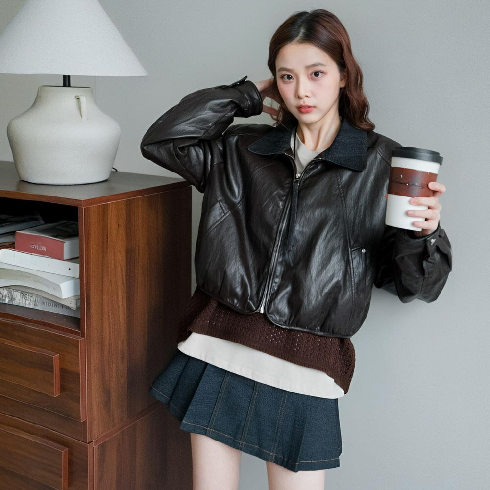 ★限時下殺$1280★MIUSTAR翻領復古撞色拉鍊式短版PU皮外套(共2色)0930預購【NR2055】