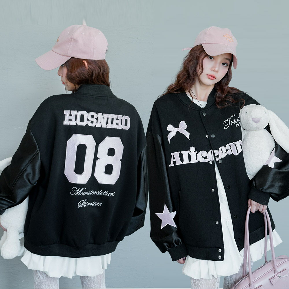 ★限時下殺$1380★MIUSTAR甜酷風！粉色英字蝴蝶結星星拼接袖排釦棒球外套(共1色)1014預購【NR2132】