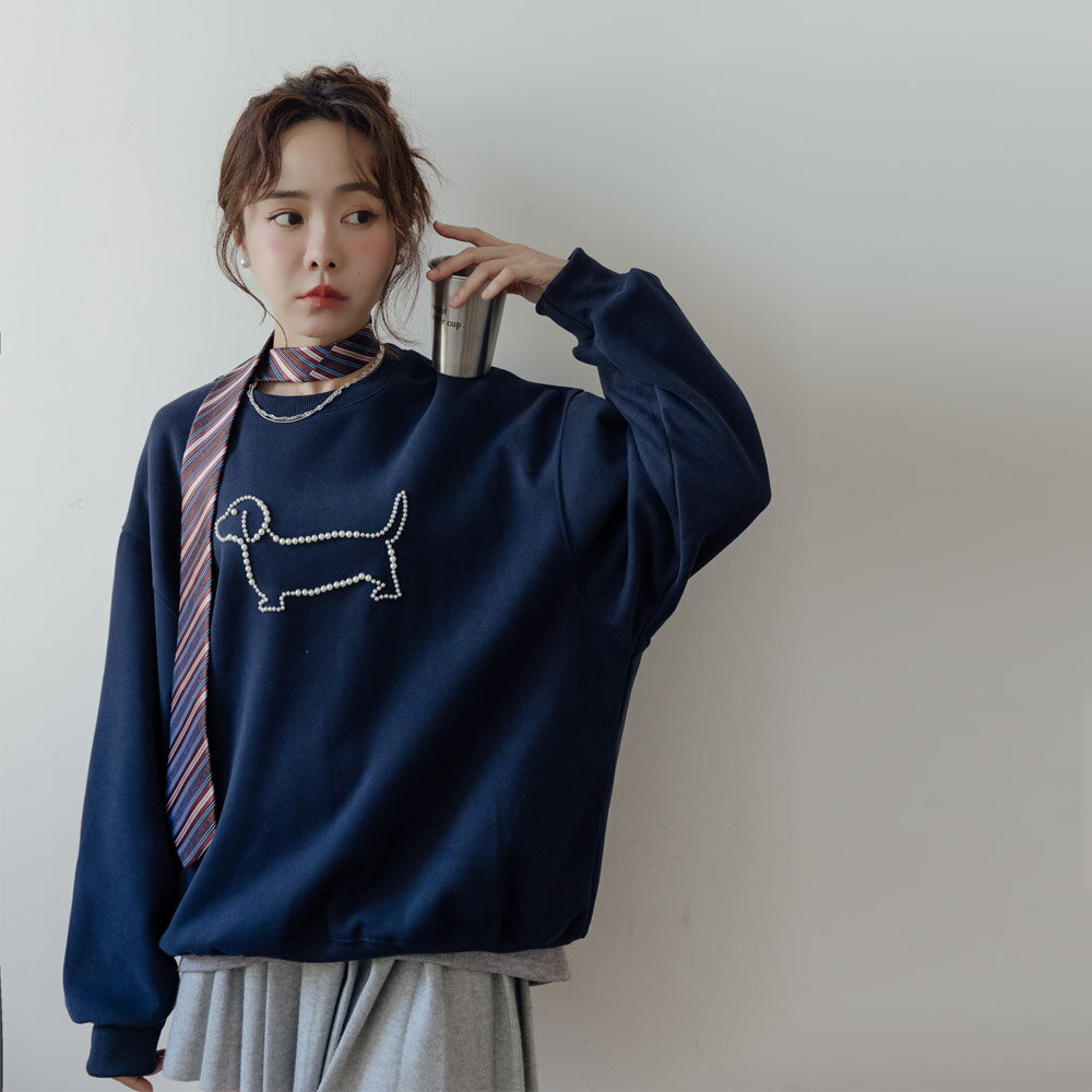 ★限時下殺$490★MIUSTAR圓領可愛珍珠狗狗休閒上衣(共2色)1021預購【NR2168】