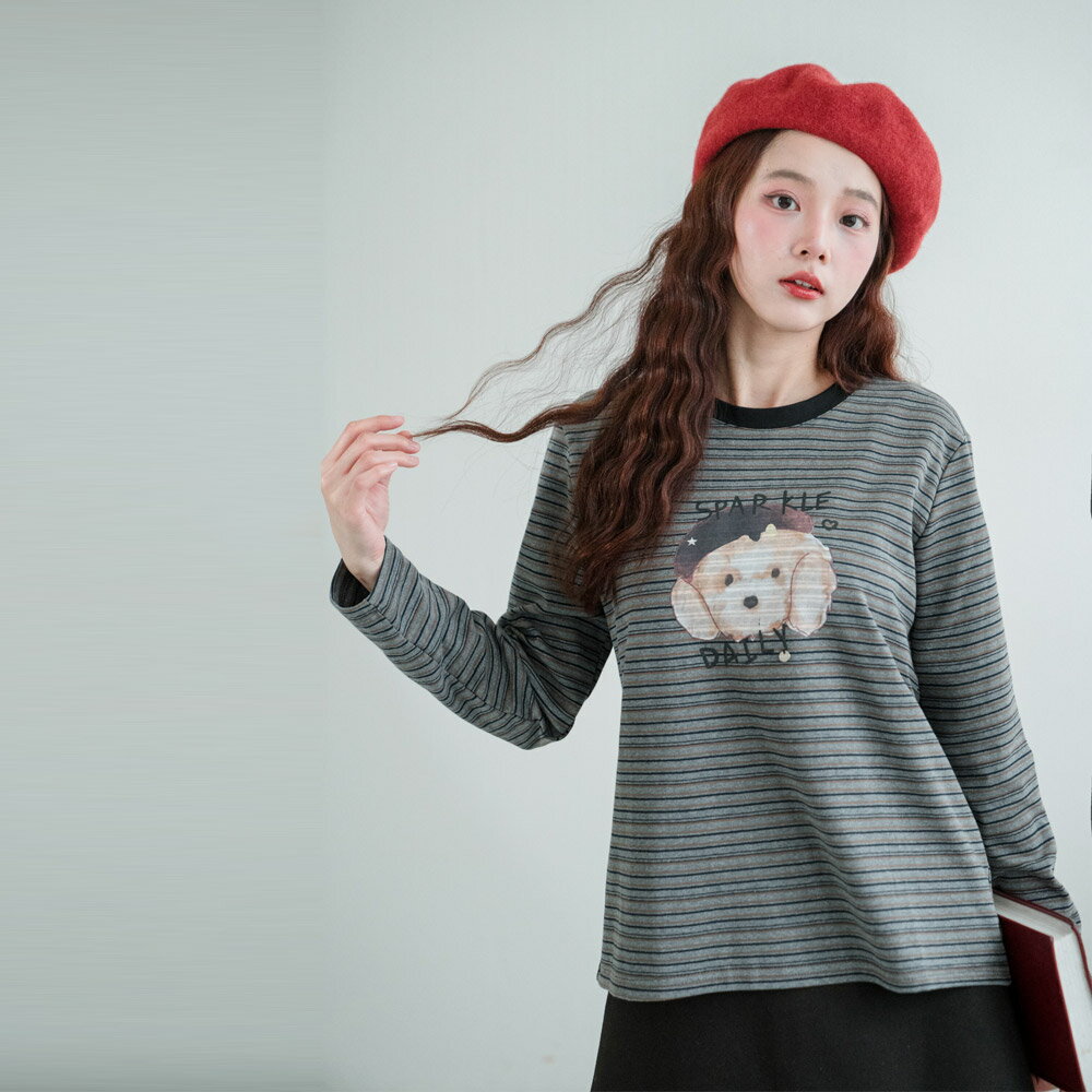 ★限時下殺$490★MIUSTAR條紋戴帽小狗可愛印花上衣(共1色)1104預購【NR2282】