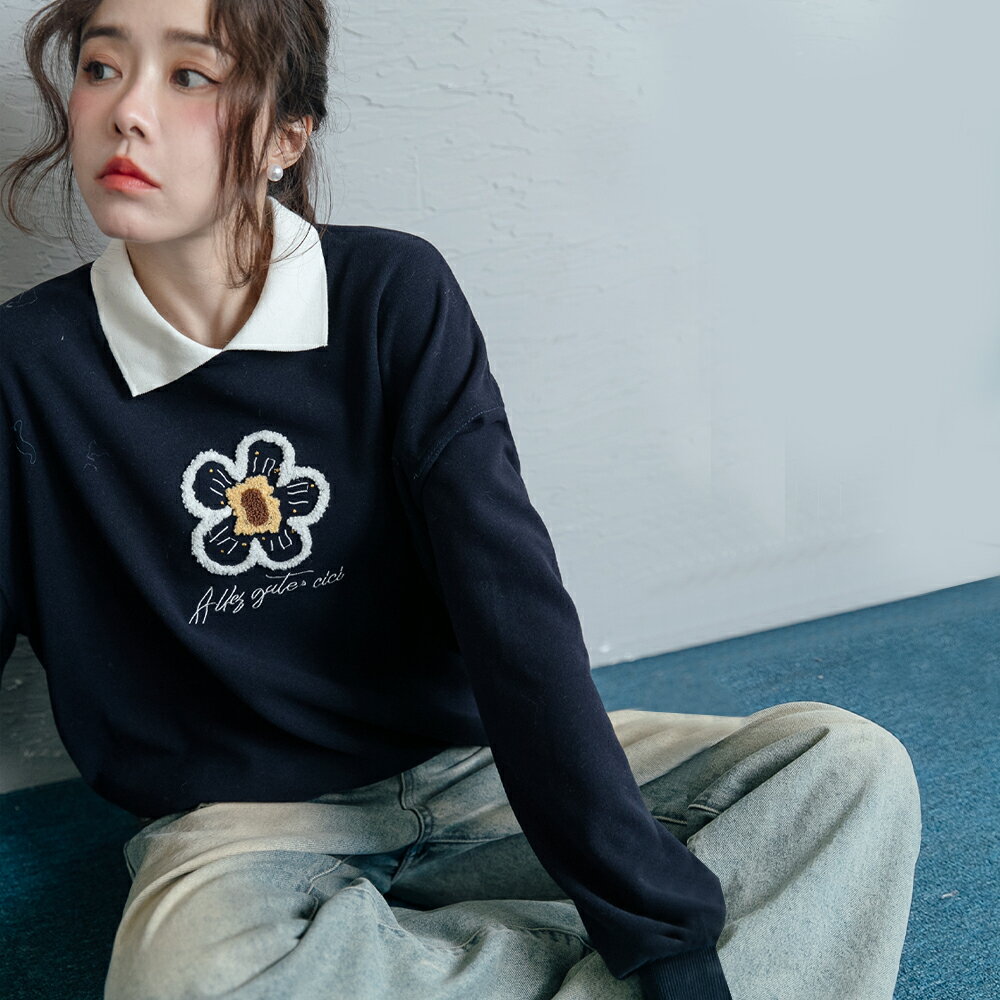 ★限時下殺$590★MIUSTAR撞色領刺繡小花棉質上衣(共2色)1118預購【NR2373】