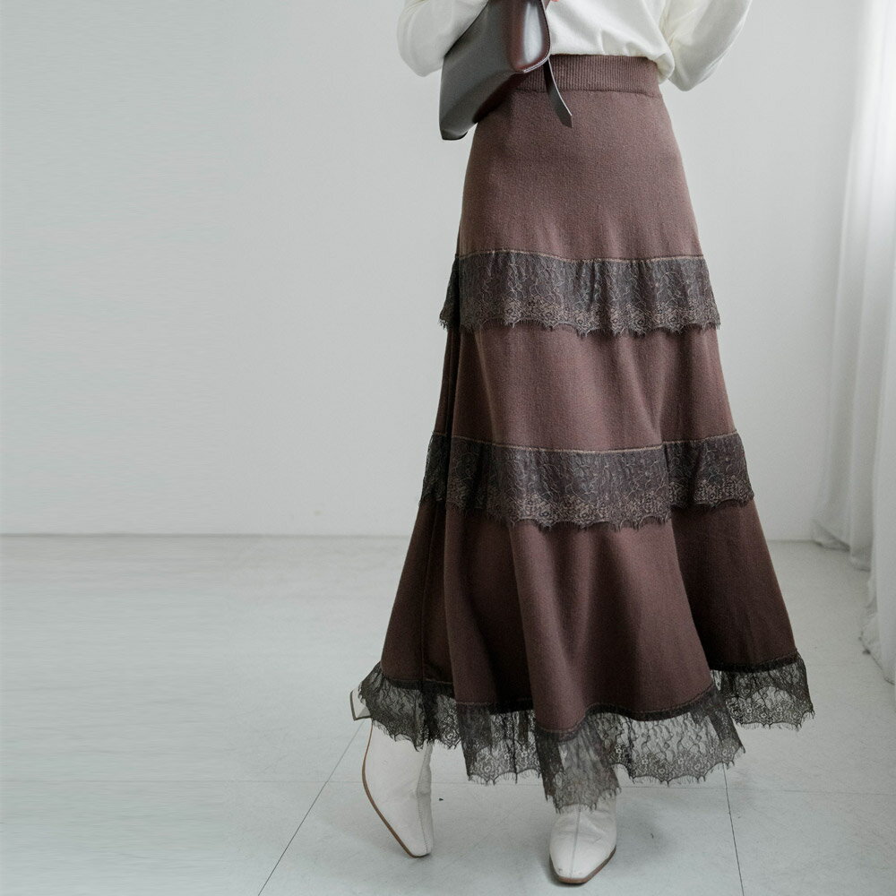 ★限時下殺$590★MIUSTAR鬆緊腰蕾絲拚針織蛋糕長裙(共2色)1209預購【NR2523】