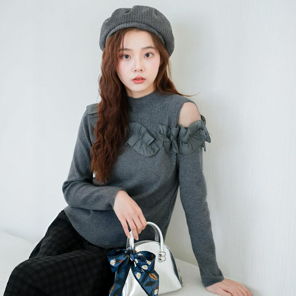 ★限時下殺$490★MIUSTAR立領波浪荷葉單肩網紗羅紋針織上衣(共2色)1209預購【NR2577】