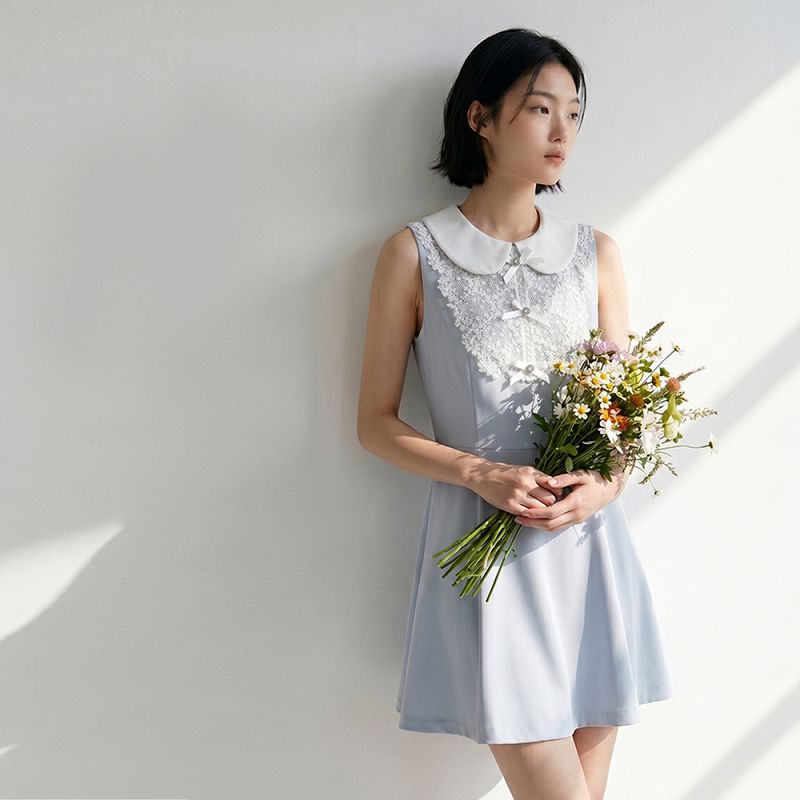 ★限時下殺$890★MIUSTAR★蕾絲拼布小蝴蝶結翻領背心小洋裝(共2色)0519預購【NS0957】 治裝激推