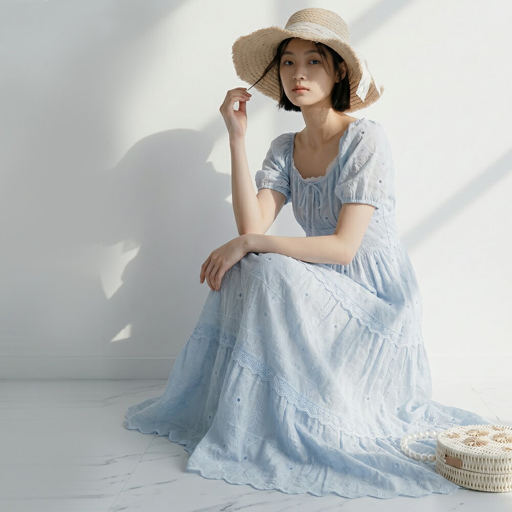 ★限時下殺$799★MIUSTAR泡泡袖燒花刺繡蕾絲滾邊長洋裝(共2色)0707預購【NS1455】治裝激推