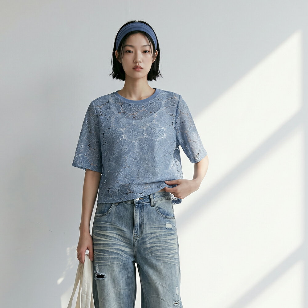 ★限時下殺$599★MIUSTAR超大菊花帶骨蕾絲短袖上衣(共2色)0707預購【NS1483】