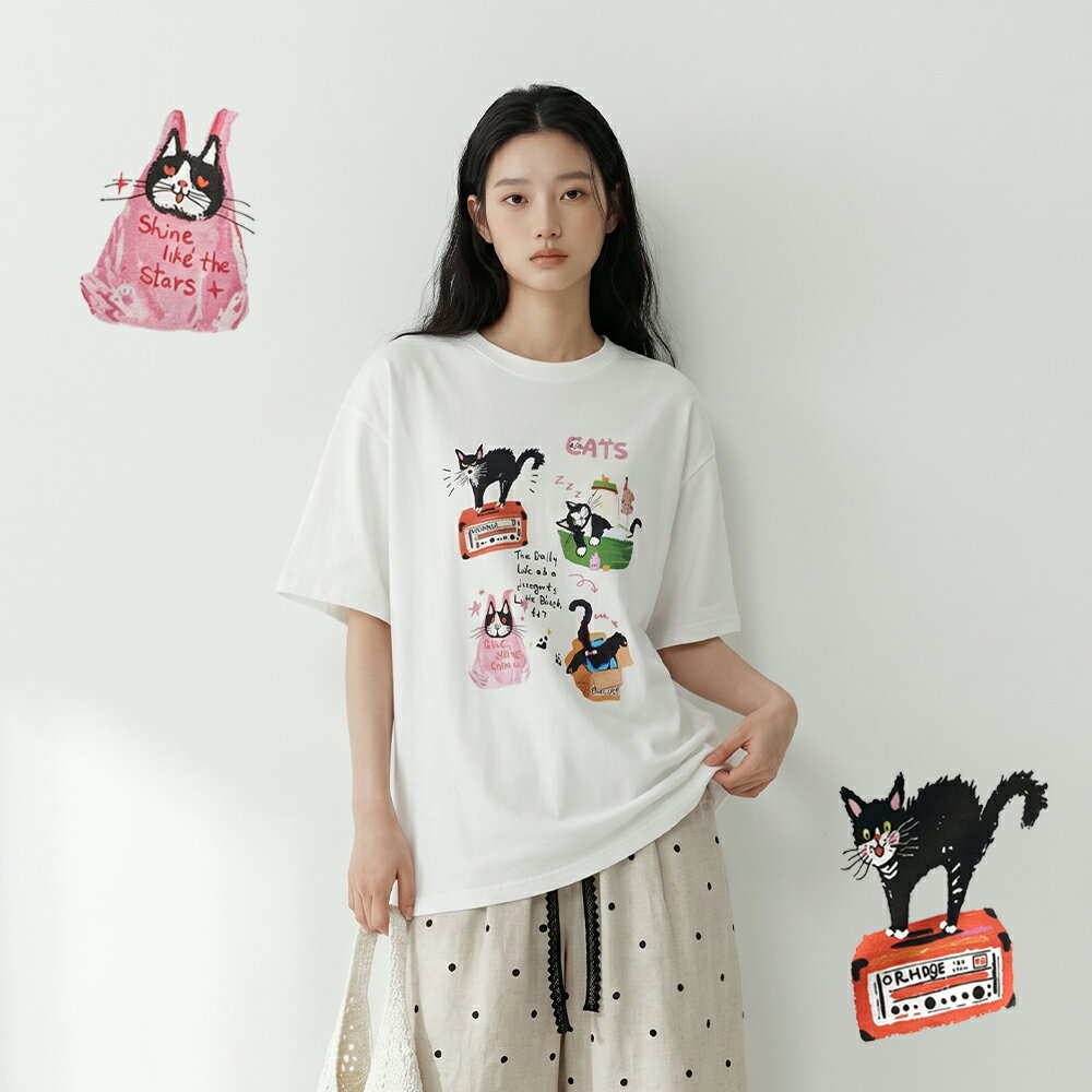 ★限時下殺$499★MIUSTAR慵懶貓咪圖案英字短袖上衣(共2色)0707預購【NS1487】治裝激推