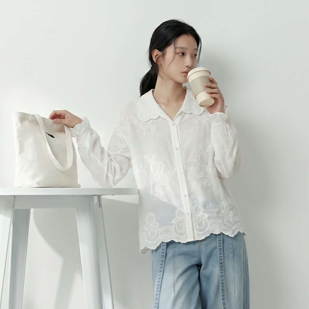 ★限時下殺$599★MIUSTAR波浪領口緹花刺繡蕾絲長袖開衫上衣(共2色)0707預購【NS1520】治裝激推 美的三次方