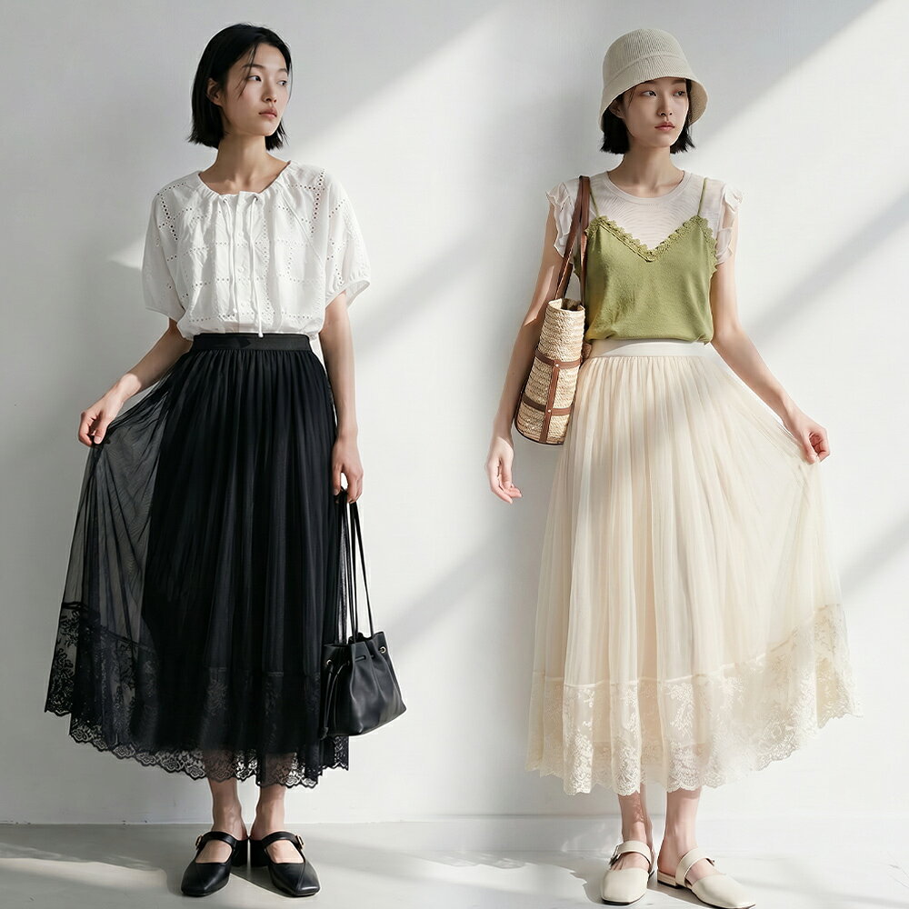 ★限時下殺$499★MIUSTAR蕾絲下擺拼接鬆緊腰長裙(共3色)0721預購【NS1664】