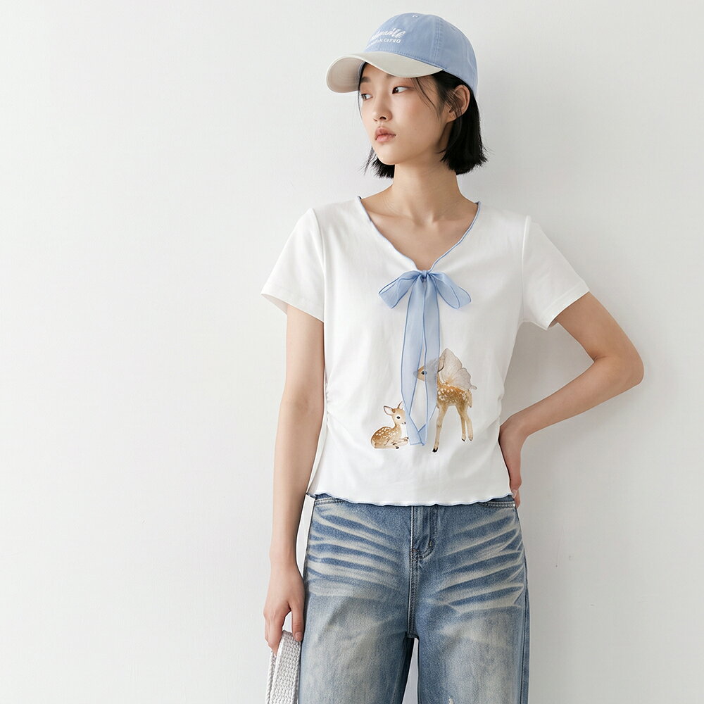 ★限時下殺$499★MIUSTAR翅膀小鹿撞色滾邊絲帶短袖上衣(共2色)0811預購【NS2089】