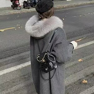 【巴黎精品】毛呢外套長款大衣-連帽狐狸毛領雙排扣女外套2色p1at17