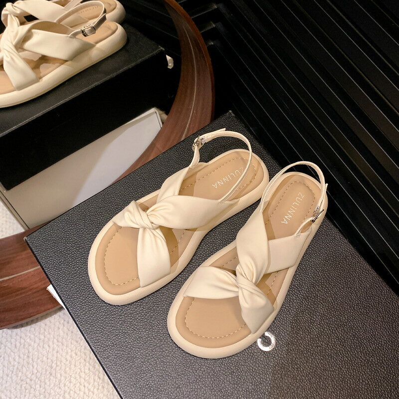 超軟雲朵交叉厚底休閑女夏季外穿平底沙灘羅馬涼鞋