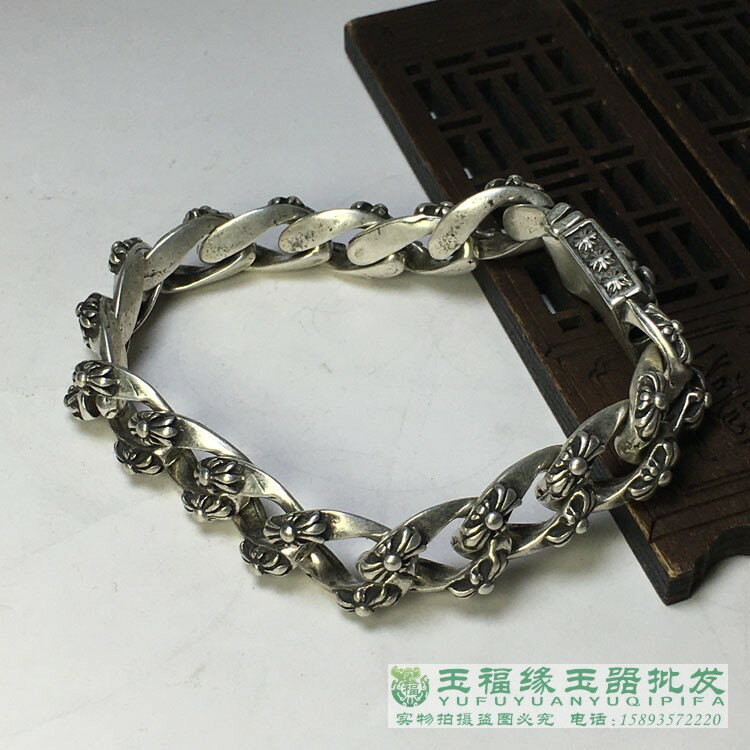 古玩老銀復古鏤空骷髏頭花紋藏銀手串男款霸氣時尚轉運招財銀手鏈 1