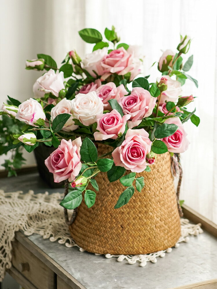 左岸麥田 密克羅尼手感保濕玫瑰花仿真花擺件絹花假花客廳裝飾花