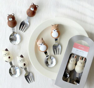 日本製 Plumpy kid 動物造型不鏽鋼餐具 木製 叉子 湯匙 套裝 禮物 兒童餐具＊夏日微風＊