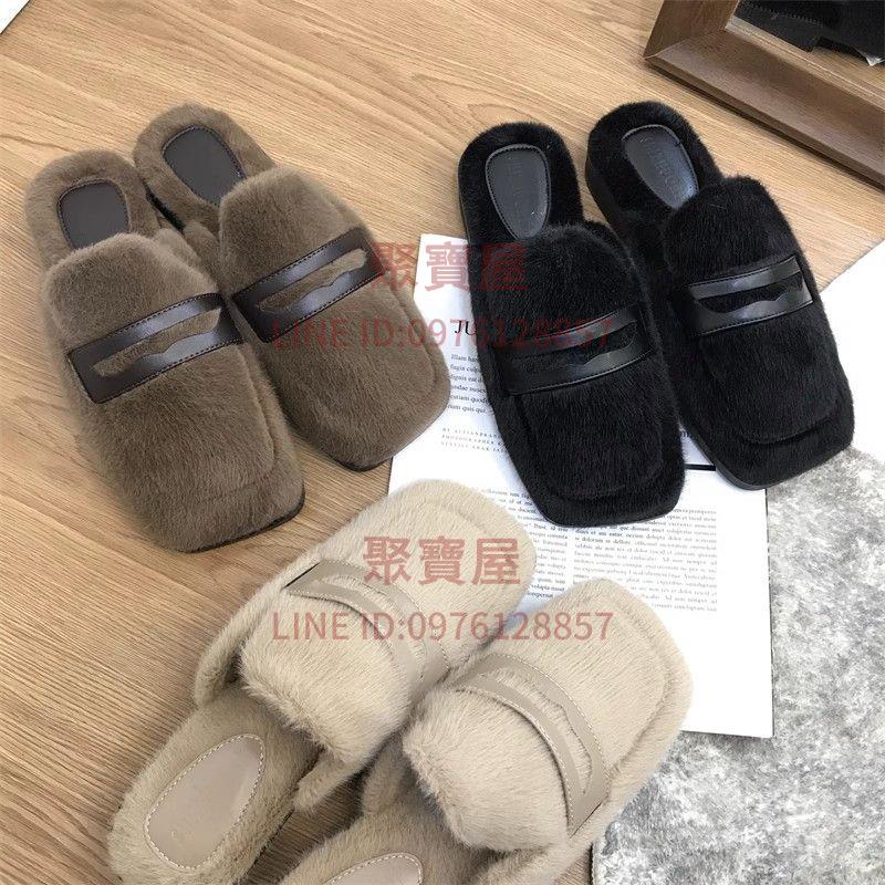 韓版溫柔水貂毛加絨半拖鞋懶人包頭毛毛拖鞋女時尚百搭外穿秋冬新款【聚寶屋】