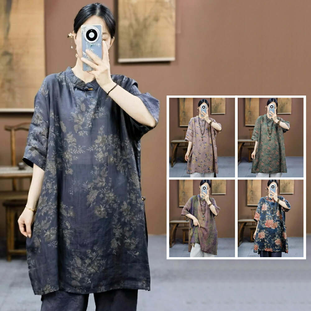 ＊ORead＊復古印花立領盤扣側開叉純棉中袖上衣(5色M~2XL)
