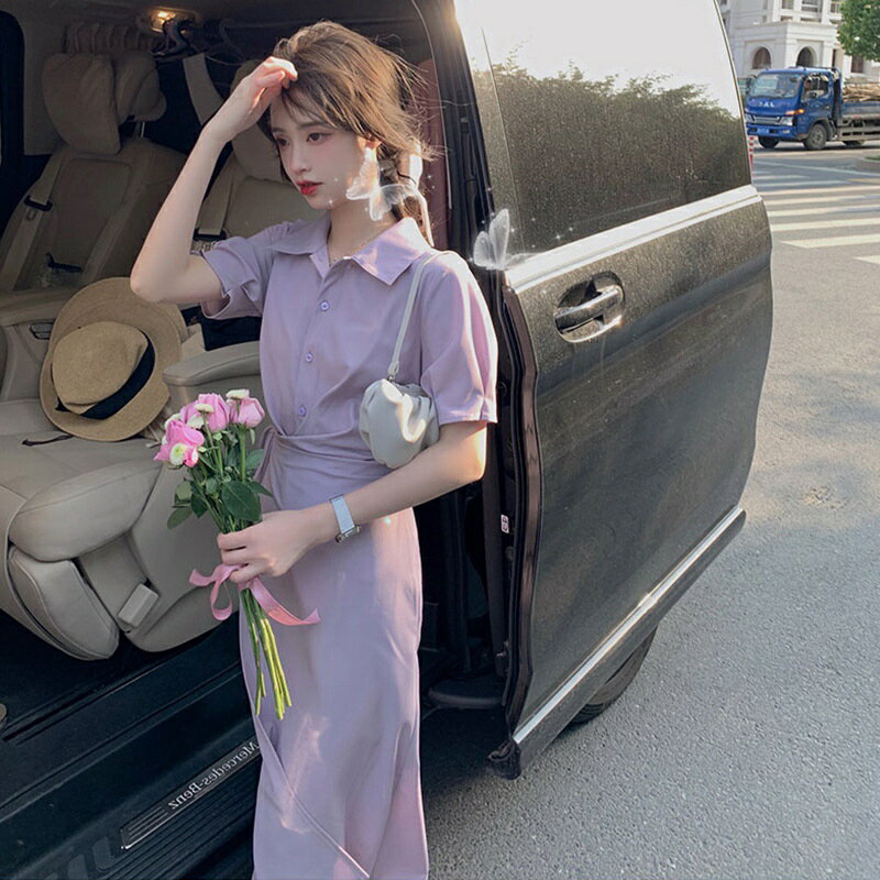 2022夏季新款氣質女神范可鹽可甜溫柔風設計感紫色襯衫連衣裙女潮