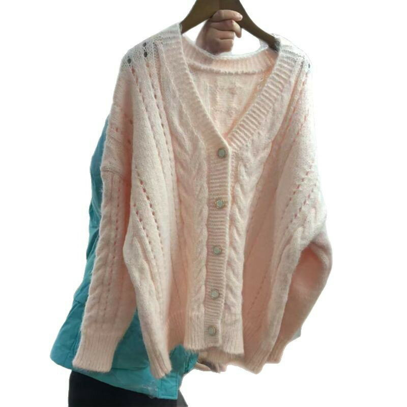 外套 女裝 休閒外套 時尚外套 保暖外套  2025新款時尚粉色v領毛衣外套女秋冬寬鬆慵懶麻花仿貂毛針織開衫 1