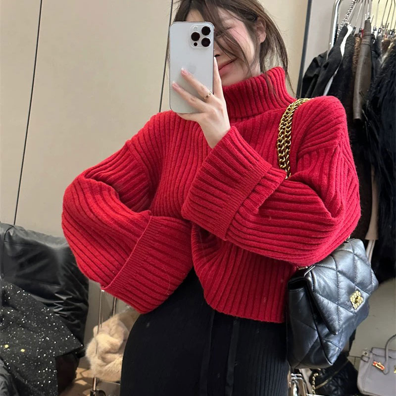 ANNAS 大紅色高領毛衣 紅色針織衫 寬鬆慵懶坑條毛衣 粗針織 紅色毛衣 過年 喜氣 新年 2024龍年 1