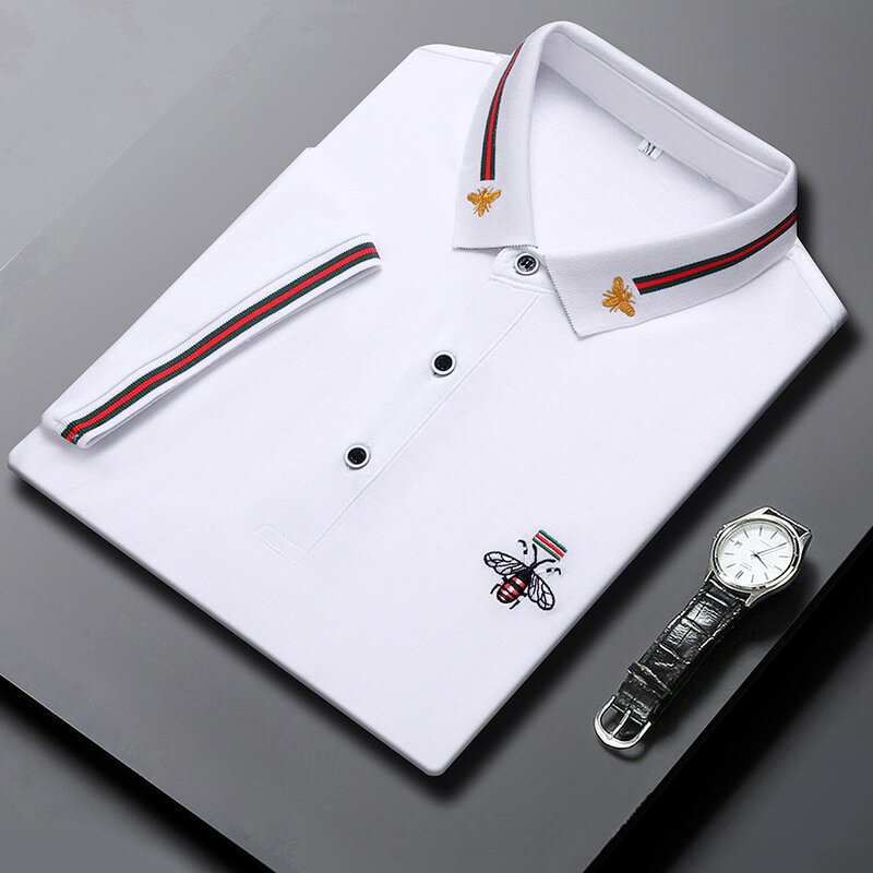 【喜挖】絲光棉男士polo衫2023夏季新款小蜜蜂刺繡時尚潮流男裝短袖t恤男 0