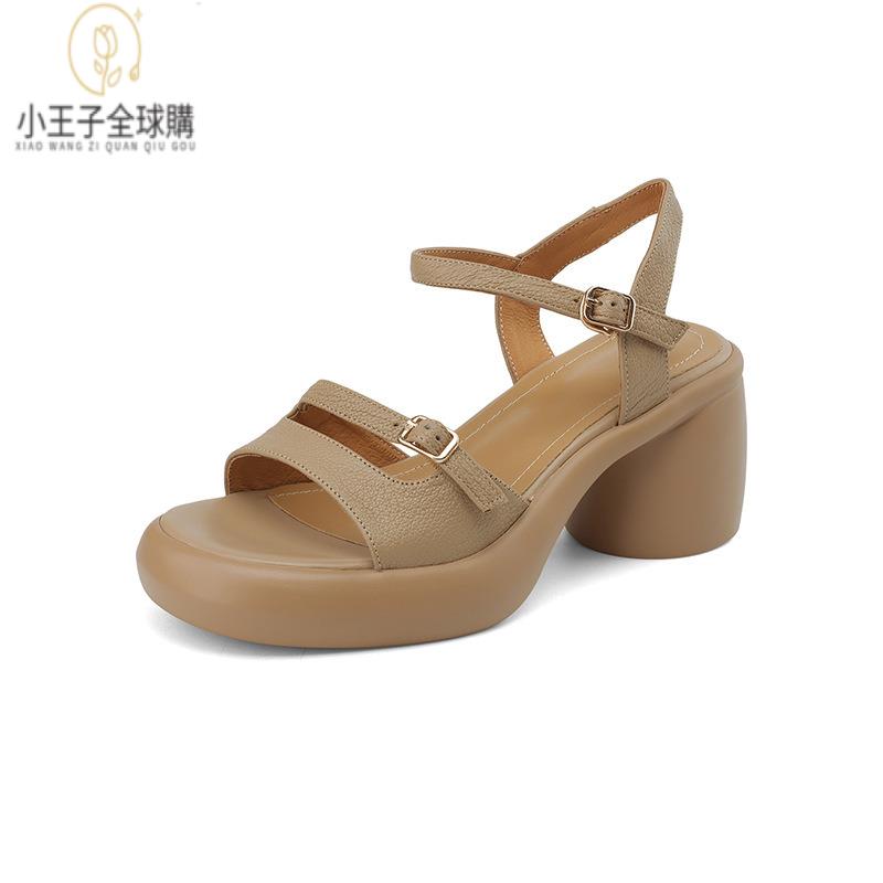 【公司現貨速發】免運 開發票 小短靴 堆堆靴 真皮女鞋 羊皮鞋 小皮鞋 樂福鞋法式復古大粗跟露趾涼鞋夏羊皮厚底防水臺6.5釐米一字帶涼鞋 定製