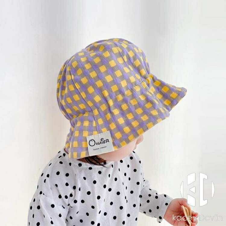 嬰兒帽子夏季薄款漁夫帽寶寶春秋可調節兒童韓版格子防曬遮陽帽女【聚物優品】