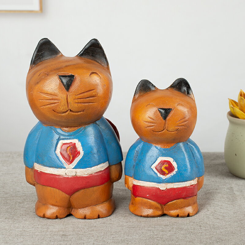 泰國木雕工藝品 東南亞木質功夫貓超人貓擺件創意家居玄關裝飾品