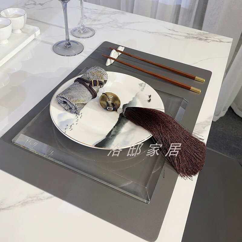 新中式樣板房間餐具擺臺會所別墅酒店餐廳中式餐桌山水畫餐盤擺件