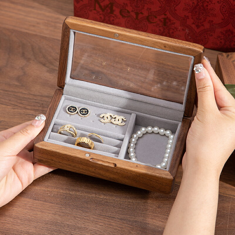 黑胡桃木質首飾盒收納盒小精致珠寶盒項鏈戒指結婚禮物便攜飾品盒